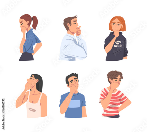 Thoughtful Man and Woman Thinking and Figuring Something out Half Length Vector Set