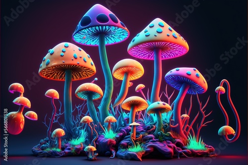  a group of colorful mushrooms on a black background with a neon glow effect on the mushrooms and the mushrooms are all different colors and sizes. generative ai