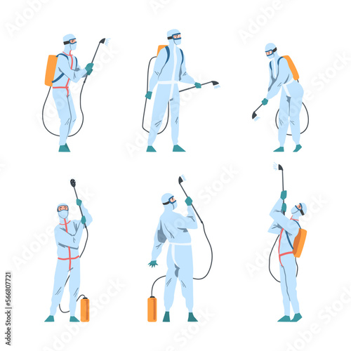 People in Protective Antiviral Suit Spraying Disinfectant Agent as Preventive Measure Against Spread of Coronavirus Disease Vector Set