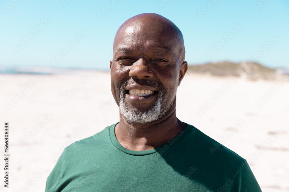 Portrait of african american bald senior man smiling while spending weekend at beach under clear sky Portrait of african american bald senior man smiling while spending weekend at beach under clear sky
