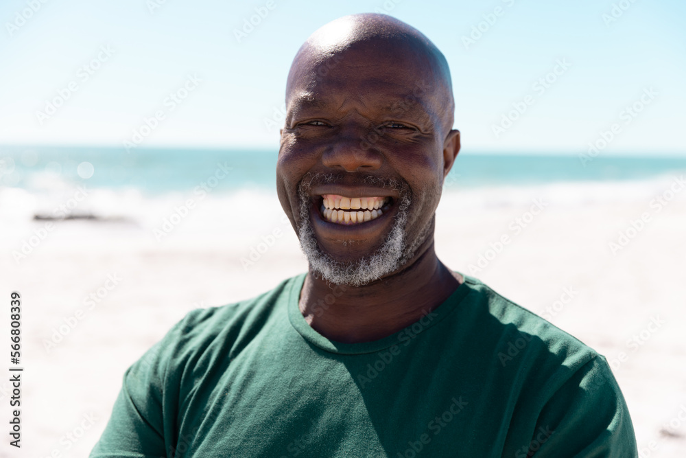 Close-up portrait of african american bald senior man smiling against sea and clear sky, copy space Close-up portrait of african american bald senior man smiling against sea and clear sky, copy space