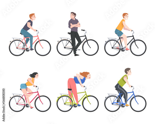 Happy People Characters on Bicycle Enjoying Vacation or Weekend Activity Vector Illustration Set