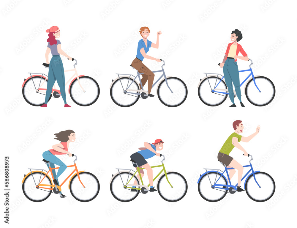 Happy People Characters on Bicycle Enjoying Vacation or Weekend Activity Vector Illustration Set Happy People Characters on Bicycle Enjoying Vacation or Weekend Activity Vector Illustration Set