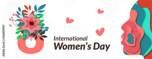 8 march international womens day vector illustration with women face silhouette paper cut effect.