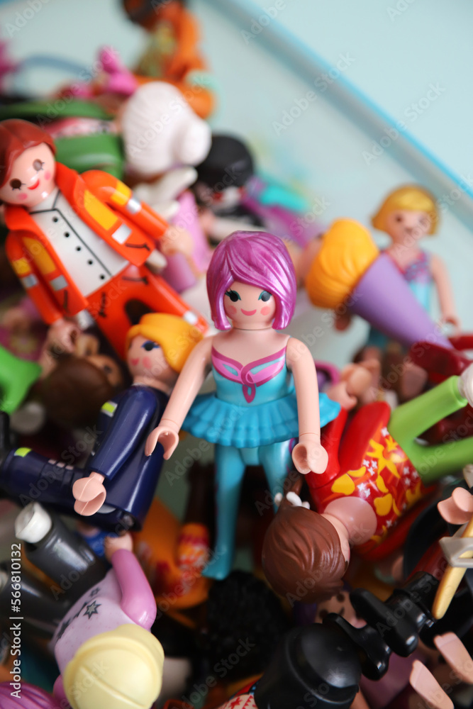 Ballet dancer. Box with Playmobil figures. Plastic dolls for children. Box  with toys. collectible figures. Fairy dolls, princesses, doctors,  ballerinas, rock stars. Girl with yellow outfit. Stock-Foto | Adobe Stock