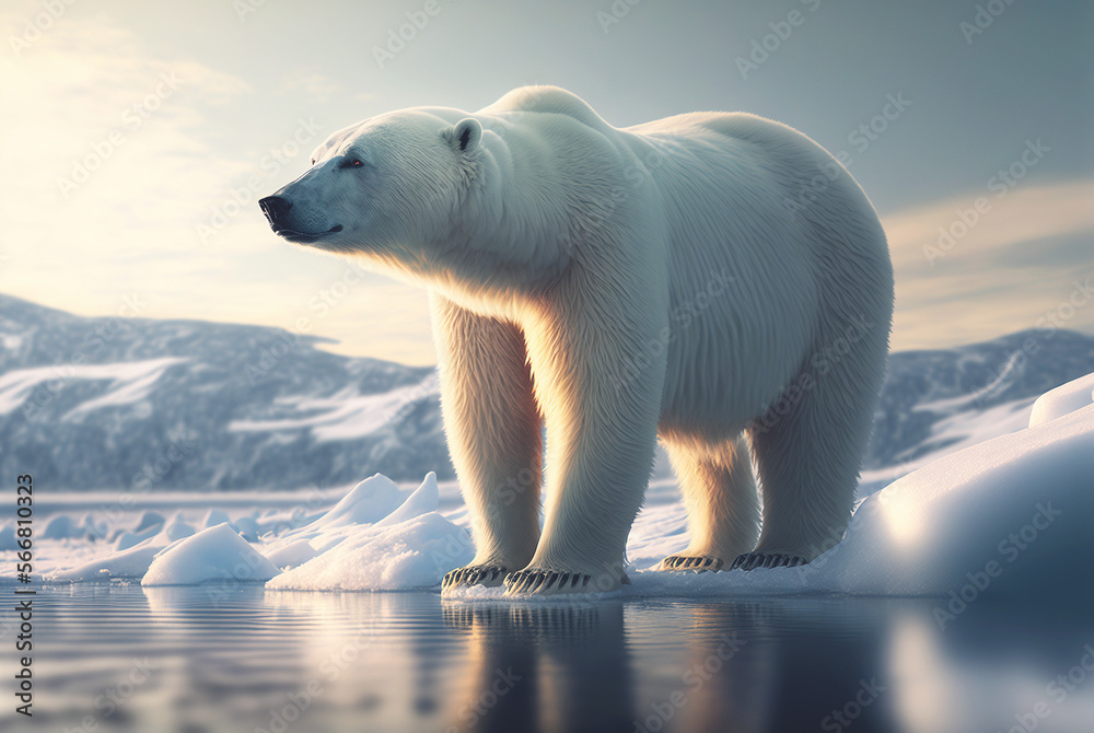 Polar bear, full body. Looking left. Northern wildlife. Generative AI