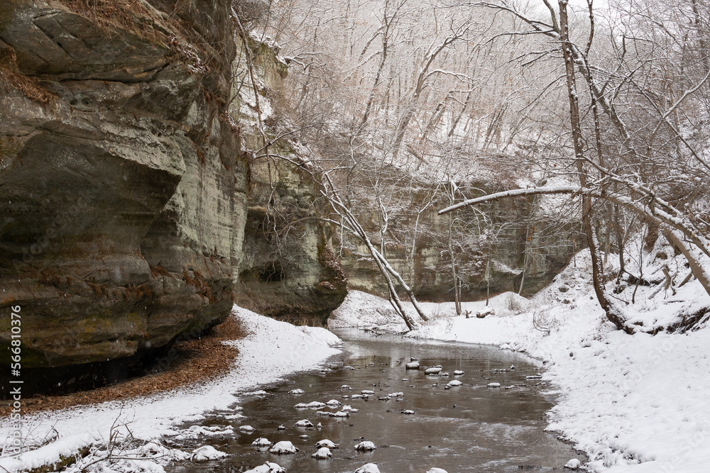 Snow falling on a winter hike in the Lower Dells area of Matthiessen State Park. Oglesby, Illinois, USA. Snow falling on a winter hike in the Lower Dells area of Matthiessen State Park. Oglesby, Illinois, USA.