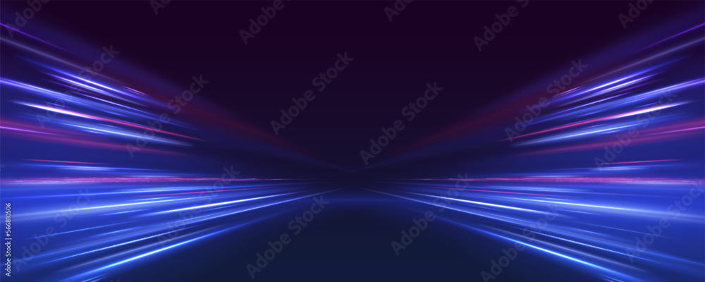 Futuristic dynamic motion technology. Neon color glowing lines background, high-speed light trails effect. Purple glowing wave swirl, impulse cable lines. - obrazy, fototapety, plakaty 
