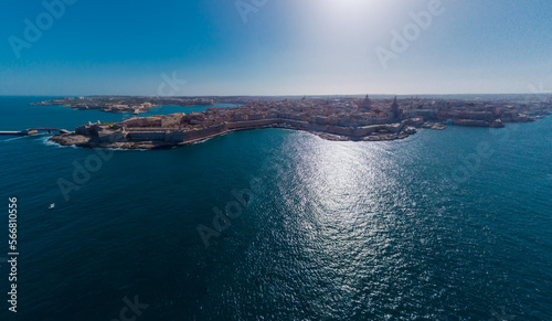 Aerial drone panorama of City of Valletta, Malta on a sunny day with visible main sights of the city.
