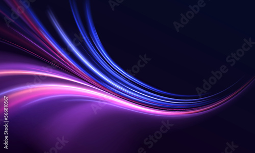 High-speed light trails effect. Futuristic dynamic motion technology. Neon color glowing lines background