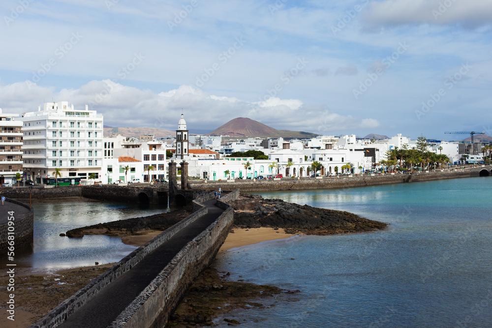 Arrecife city center view from the castle. Capital of Lanzarote, Canary Islands. Cityscape of Arrecife on sunny day horizontal landscape background.