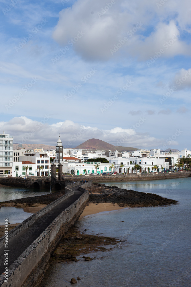 Arrecife city center view from the castle. Capital of Lanzarote, Canary Islands. Cityscape of Arrecife on sunny day horizontal landscape background.