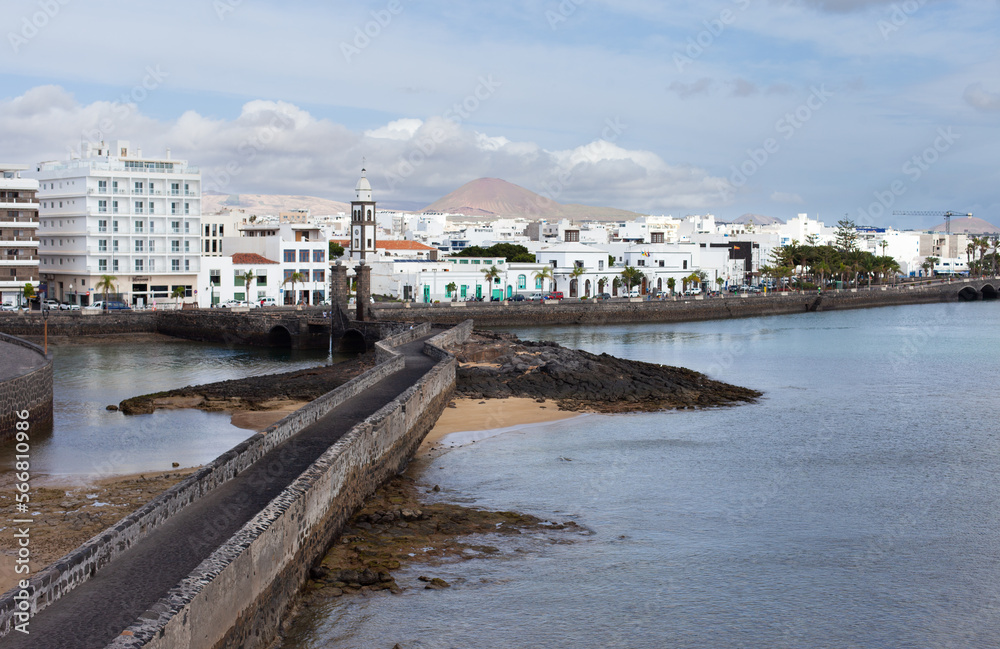 Arrecife city center view from the castle. Capital of Lanzarote, Canary Islands. Cityscape of Arrecife on sunny day horizontal landscape background.