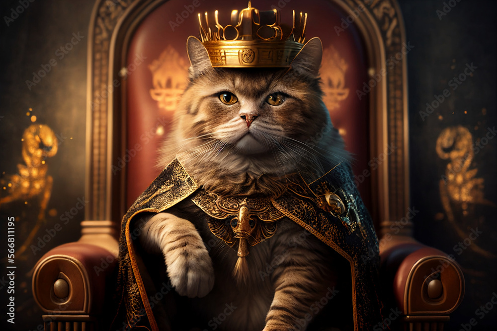 Proud cat king wearing gold crown sitting on the wooden throne Stock Illustration Adobe Stock