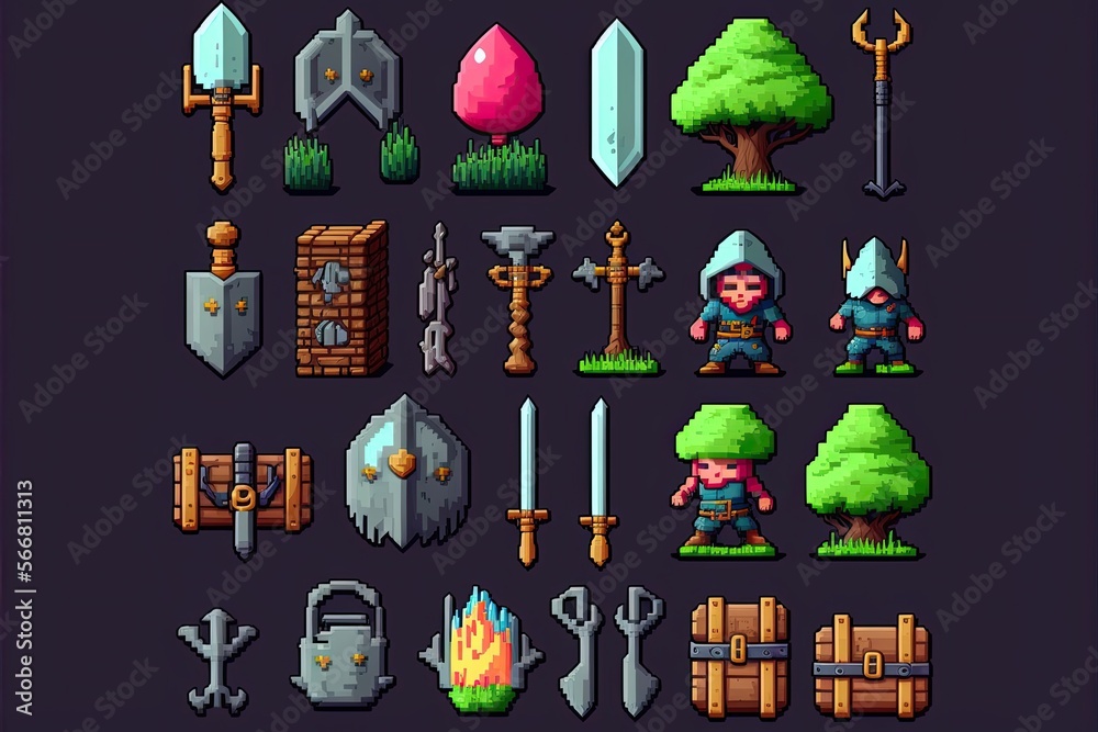 Illustration of indie game assets - pixel art  - Created with Generative AI Technology