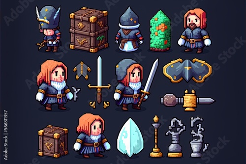Illustration of indie game assets - 8 bit /16 bit pixel art lookalike - Created with Generative AI Technology © Rieth