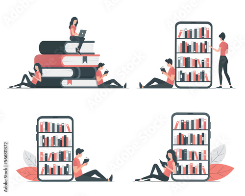 People read books. Online education. Colored flat illustration. 