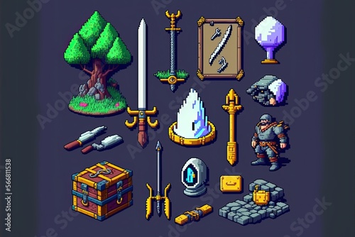 Illustration of indie game assets - 8 bit /16 bit pixel art lookalike - Created with Generative AI Technology