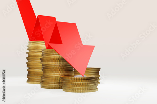 фотографія Red arrow jumping down stacks of golden coins