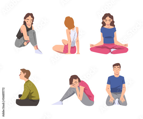 People Characters Sitting on the Floor in Different Pose Vector Set