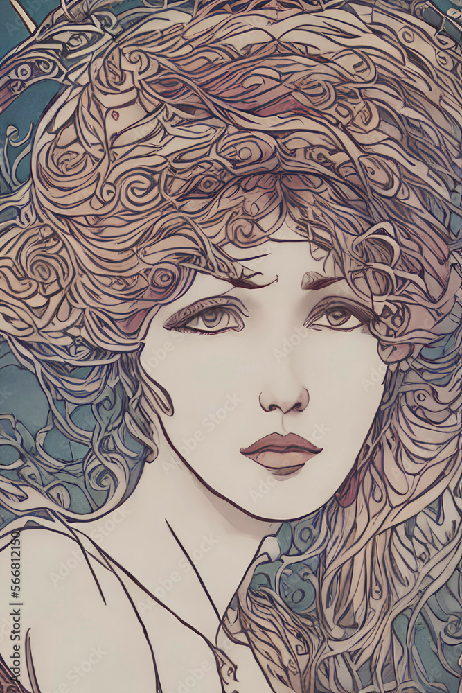 portrait of a fictional woman in art nouveau style, Generative AI portrait of a fictional woman in art nouveau style, Generative AI
