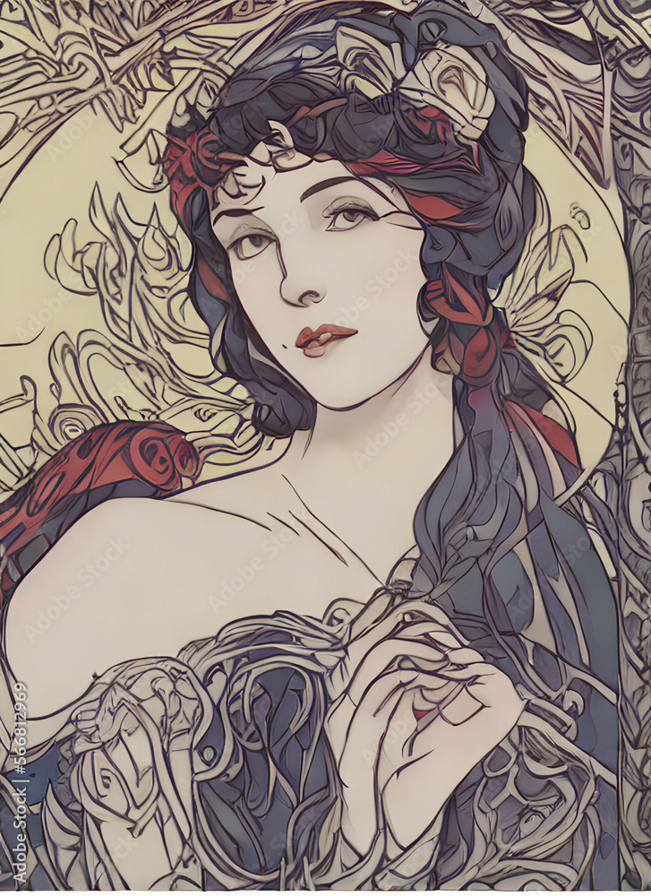 portrait of a fictional woman in art nouveau style, Generative AI
