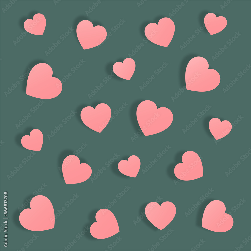Pink heart pattern on a green background. Flat lay, top view. Valentine's day concept Pink heart pattern on a green background. Flat lay, top view. Valentine's day concept