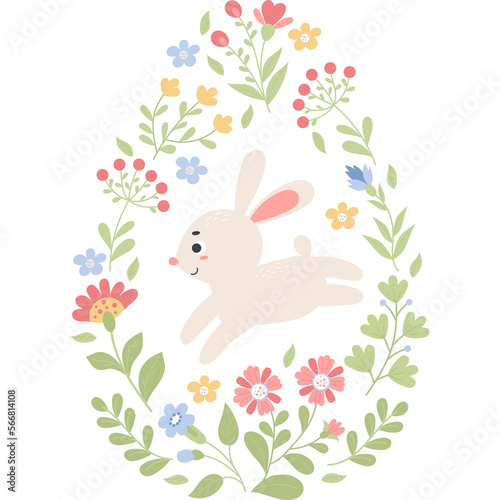 Easter egg with cute bunny and flowers