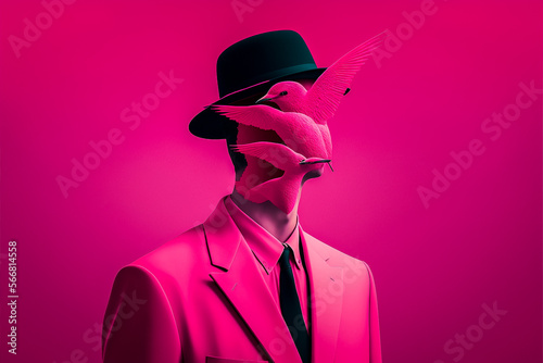Fotografia, Obraz Portrait surréaliste d'homme en costume cravate avec oiseau - Générative IA