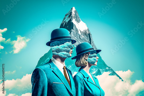 Portrait surréaliste d'un homme et d'une femme sans visage dans la montagne - Générative IA