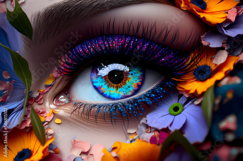 Female eye with flowers and eyelash. Woman with Art face beauty makeup. Generation AI photo