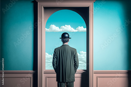 Homme rêvant debout devant une fenêtre avec un ciel et des nuages, concept de réflexion sur le passé ou l'avenir - Générative IA