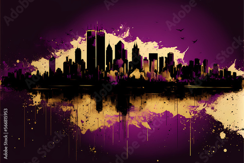 Abstract Purple and Gold City Skyline  Generative AI 