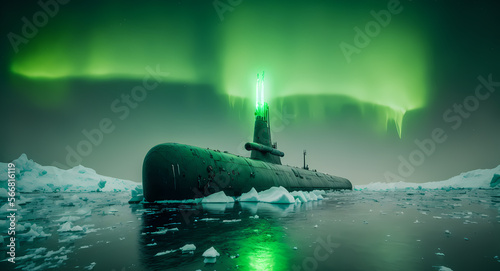Nuclear military Submarine in north waters of Arctic with aurora light. Generation AI
