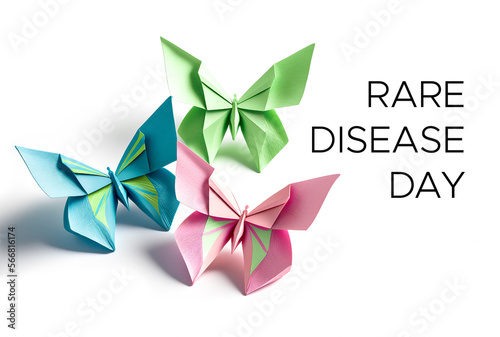 Rare disease day illustration with blue, green and pink butterflies. International rare disease day. AI generative photo
