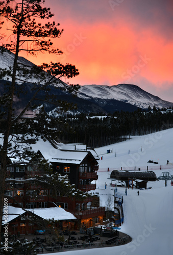 Beautiful sunset at the Peak 8 ski resorts area. Breckenridge, Colorado.
