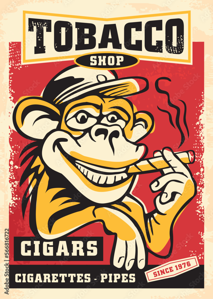 Tobacco shop funny advertisement with monkey smoking cigar cartoon style drawing. Vector illustration with animal mascot character.