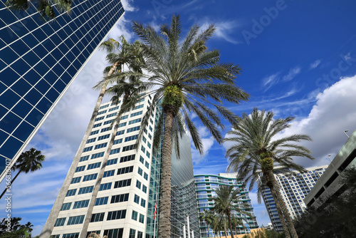 Looking up at the downtown Orlando skyline, steps away from Lake Eola in Orlando, Florida, USA. 