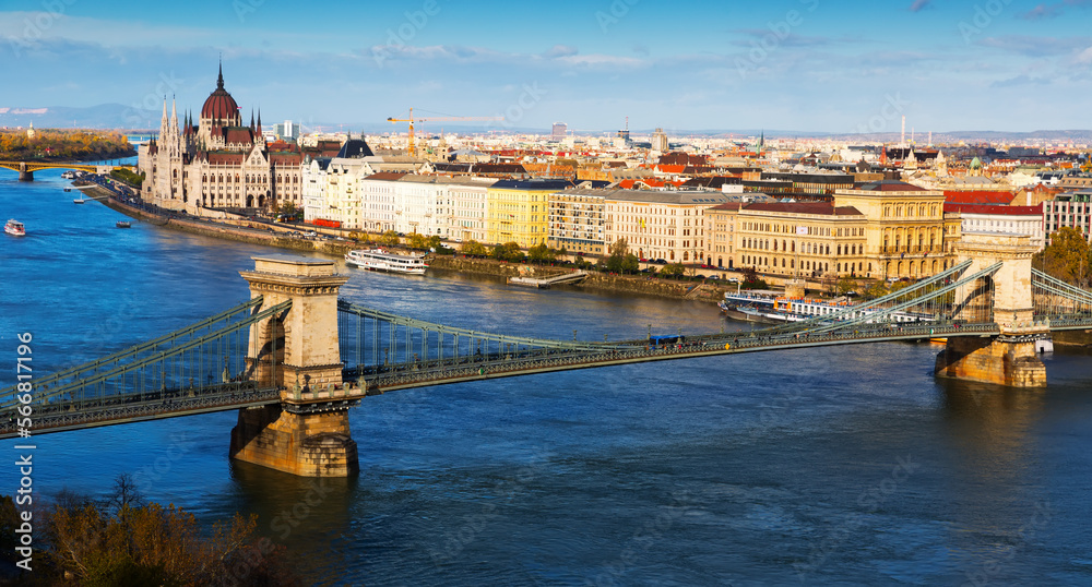 View of Hungarian Parliament building and Budapest Chain Bridge, Danube river