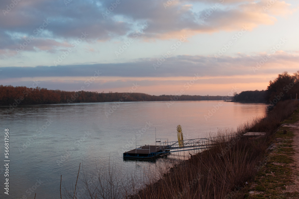 Sunrise over the river near Ecser, in Hungary.