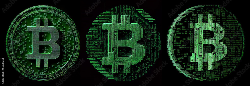 Obraz premium Pixelated Bitcoin Trio - Generative Ai