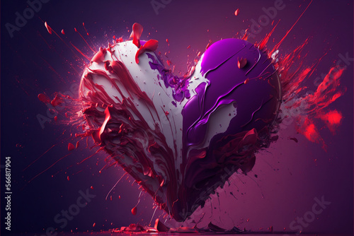 Simple 3d splash in the shape of a heart floating in the air on a purple background, heart shape