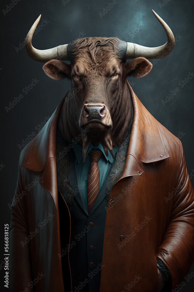 Portrait of isolated brown buffalo wearing a red leather coat in front of a dark backdrop created with Generative AI Technology