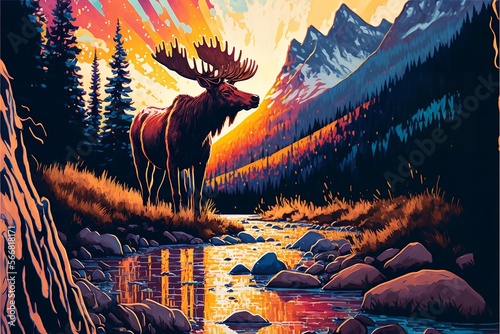 Artwork of Moose in Rocky Mountains Digital Rendering, Generative Ai Illustration photo