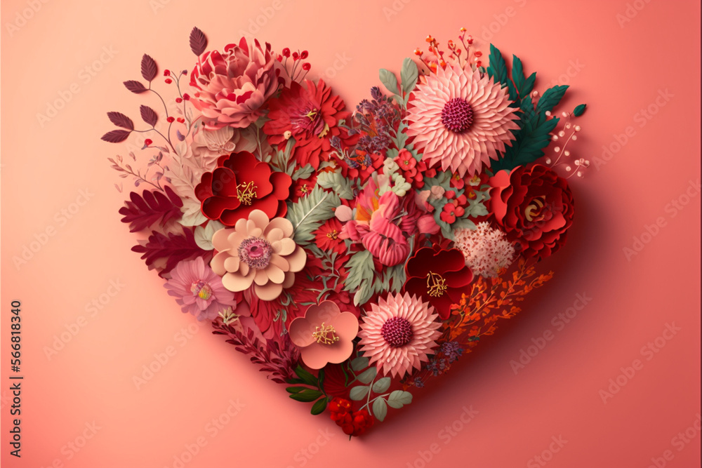 Pink and red flower arrangement in the shape of a heart, pink background