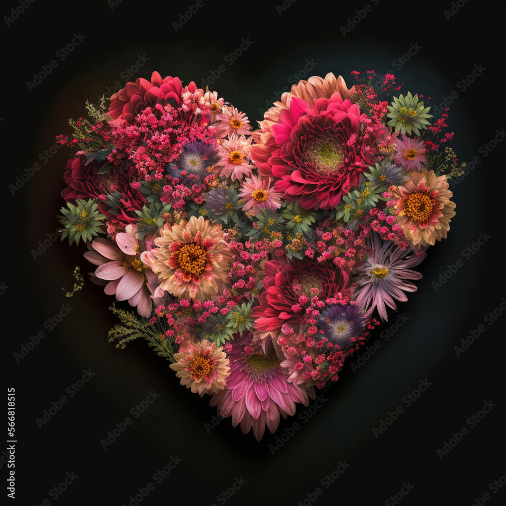 Pink and red flower arrangement in the shape of a heart, dark background Pink and red flower arrangement in the shape of a heart, dark background
