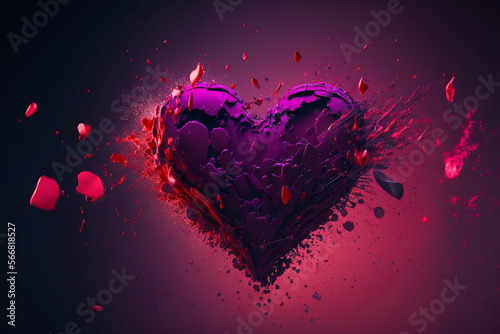 Simple 3d splash in the shape of a heart floating in the air on a purple background, heart shape