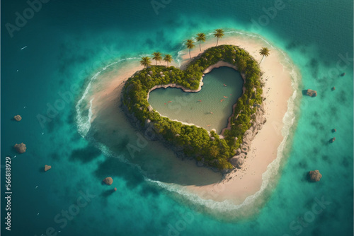 Paradise Island in the form of heart, island in the ocean