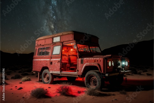A classic 1990 Land Rover Defender 90 in the middle of the desert at night, image created with Generative AI technology.