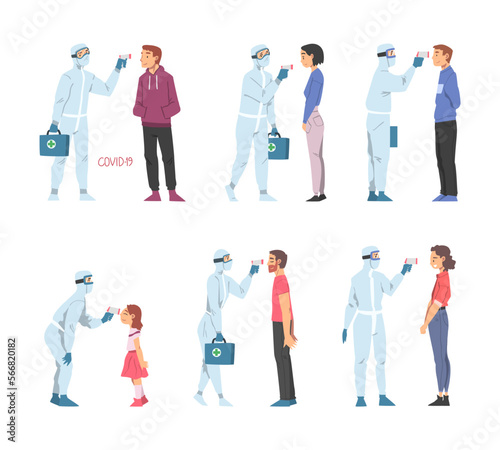Doctors in Protective Suit Measuring Temperature of People with Body Temperature Scanner Vector Set